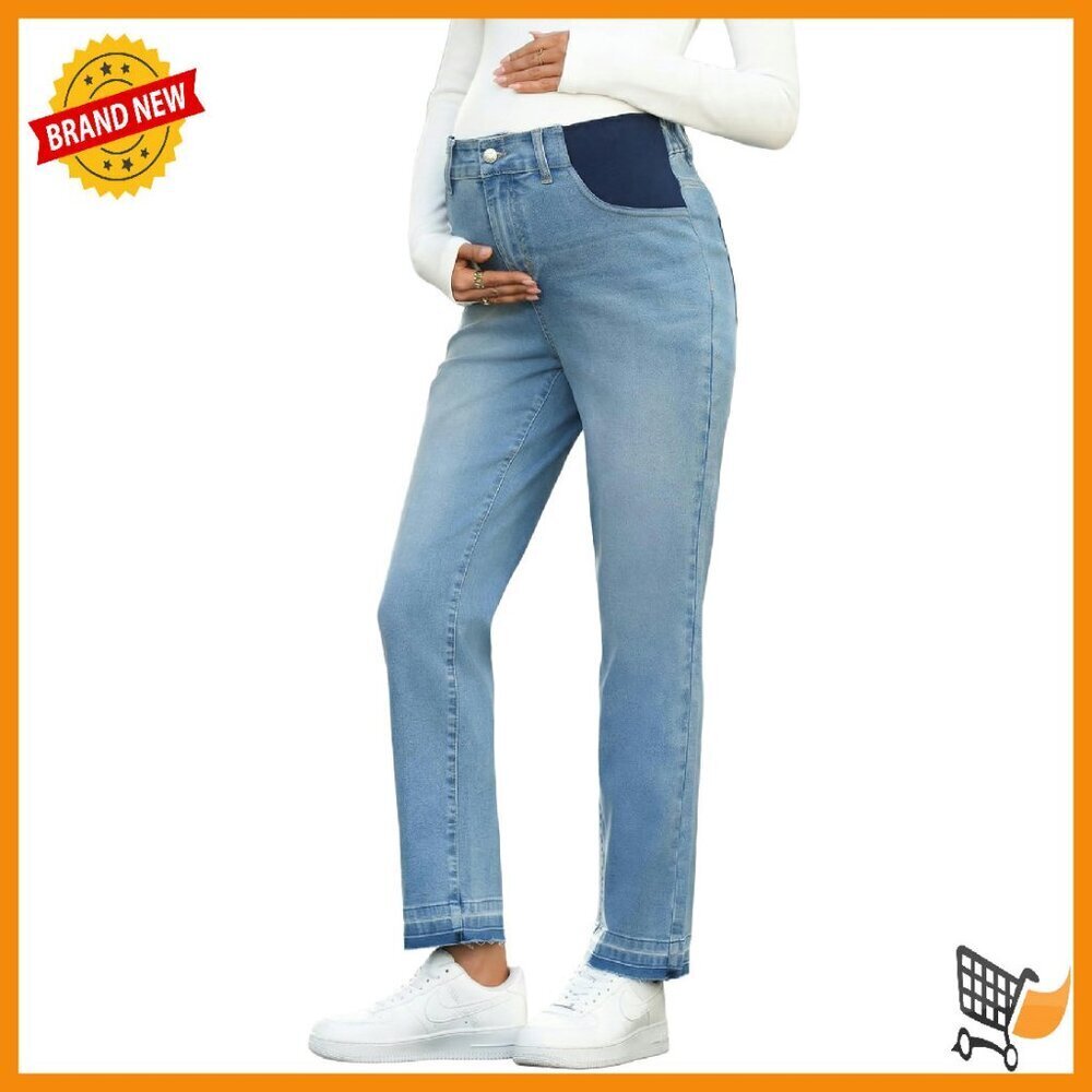 Maternity Jeans Mid-Rise Elastic Waist Ripped Leg Pants S-2XL